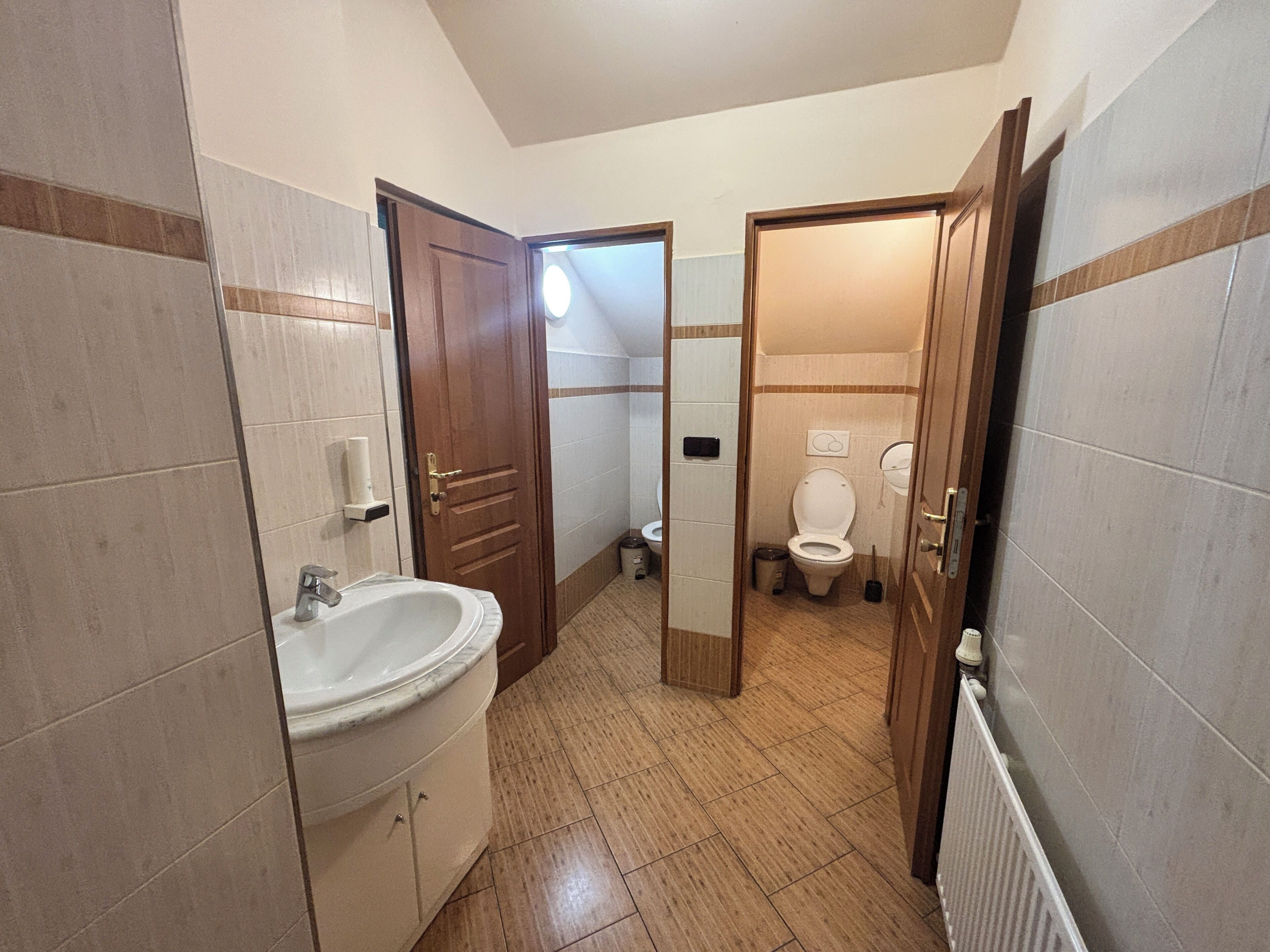 A bathroom with a sink, toilet, and shower area.
