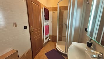 Een badkamer met een douche, een wastafel en een deur naar een andere kamer.