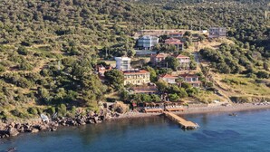 A coastal residential area with houses, a dock, and a clear view of the sea.