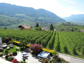 A vineyard with rows of grapevines, a wooden deck with outdoor furniture, and a hot tub. - Hotel Karin (Tirolo)