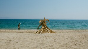 A beach with a palm tree and a person walking. - Vathi Hotel (East Mani)