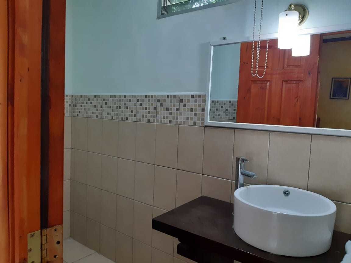 Casa de banho com lavatório branco, espelho e painel de azulejos.