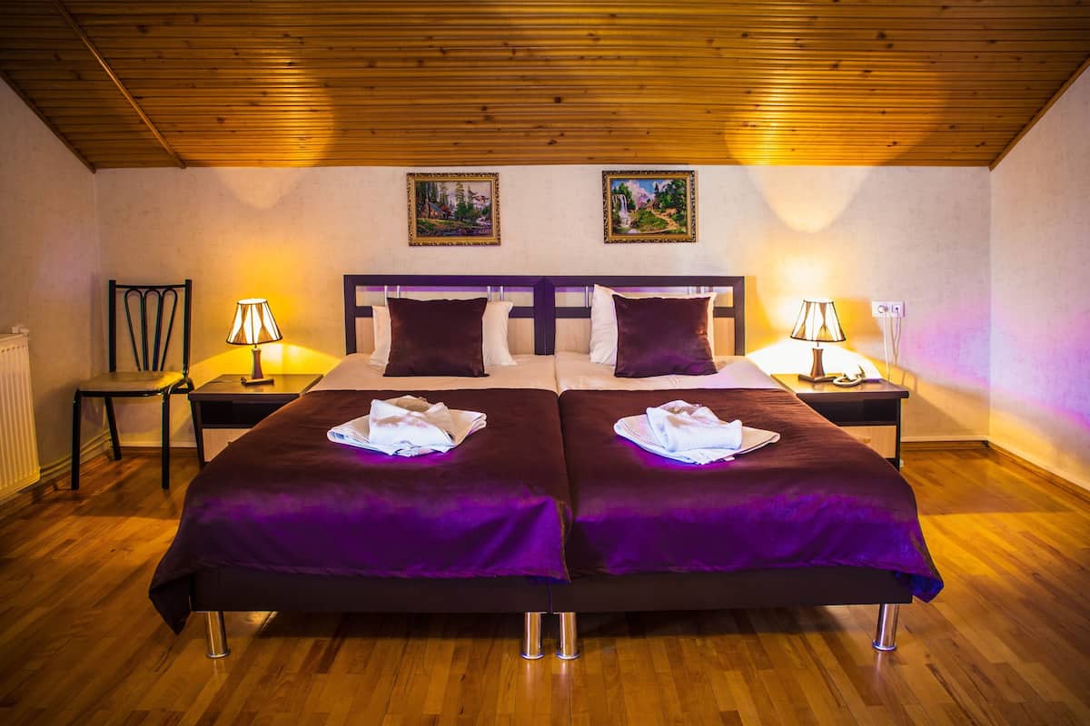 A double bed with purple bedding, two nightstands with lamps, a wooden ceiling, and two framed pictures on the wall.