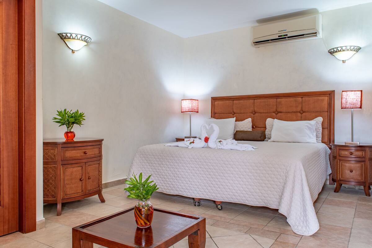 A hotel room with a large bed, two bedside tables, a wooden nightstand, a small table with a plant, and a wall-mounted air conditioner.