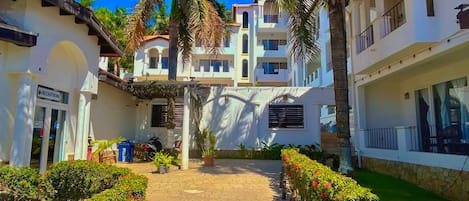 A courtyard with a reception area, palm trees, and a pathway lined with greenery.