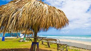 Una sombrilla de playa sobre un soporte, un banco y una mesa de picnic.