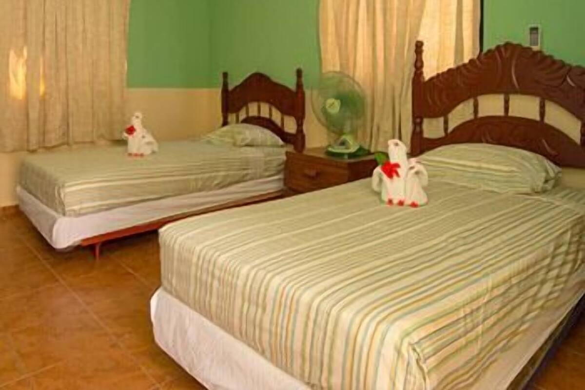 A room with two single beds, each with a wooden headboard and a bedside table with a lamp.
