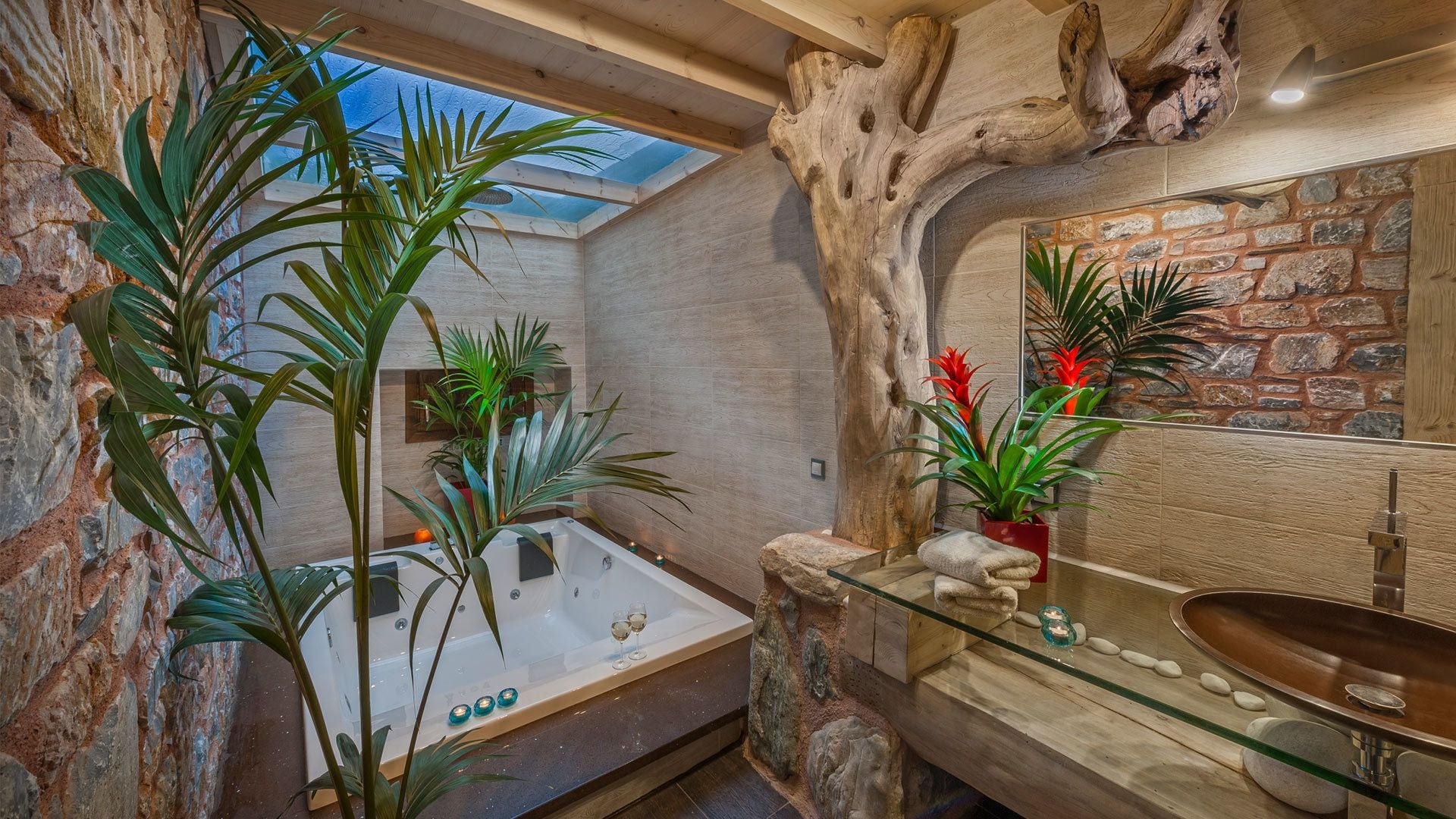 A spa area with a hot tub, a glass-enclosed sink, and various plants.