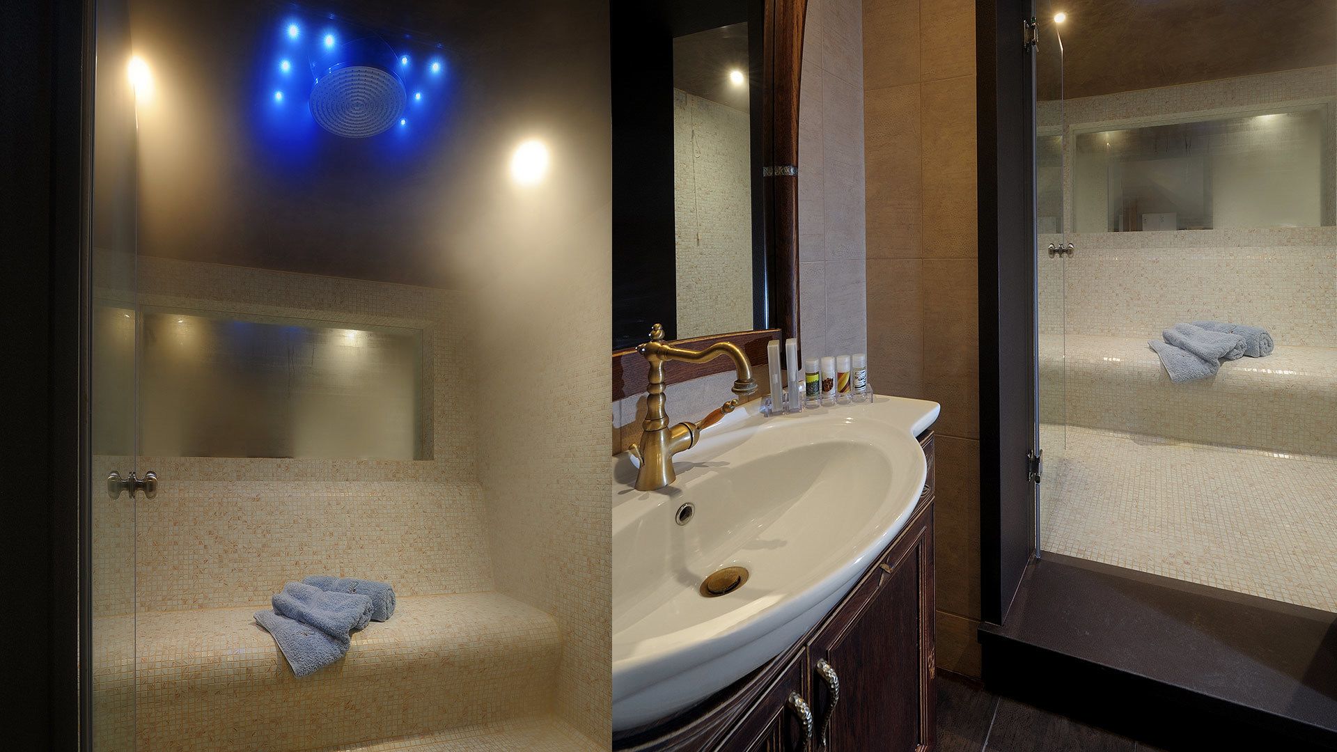 A bathroom with a glass-enclosed shower, a sink with a gold faucet, and a mirror above the sink.