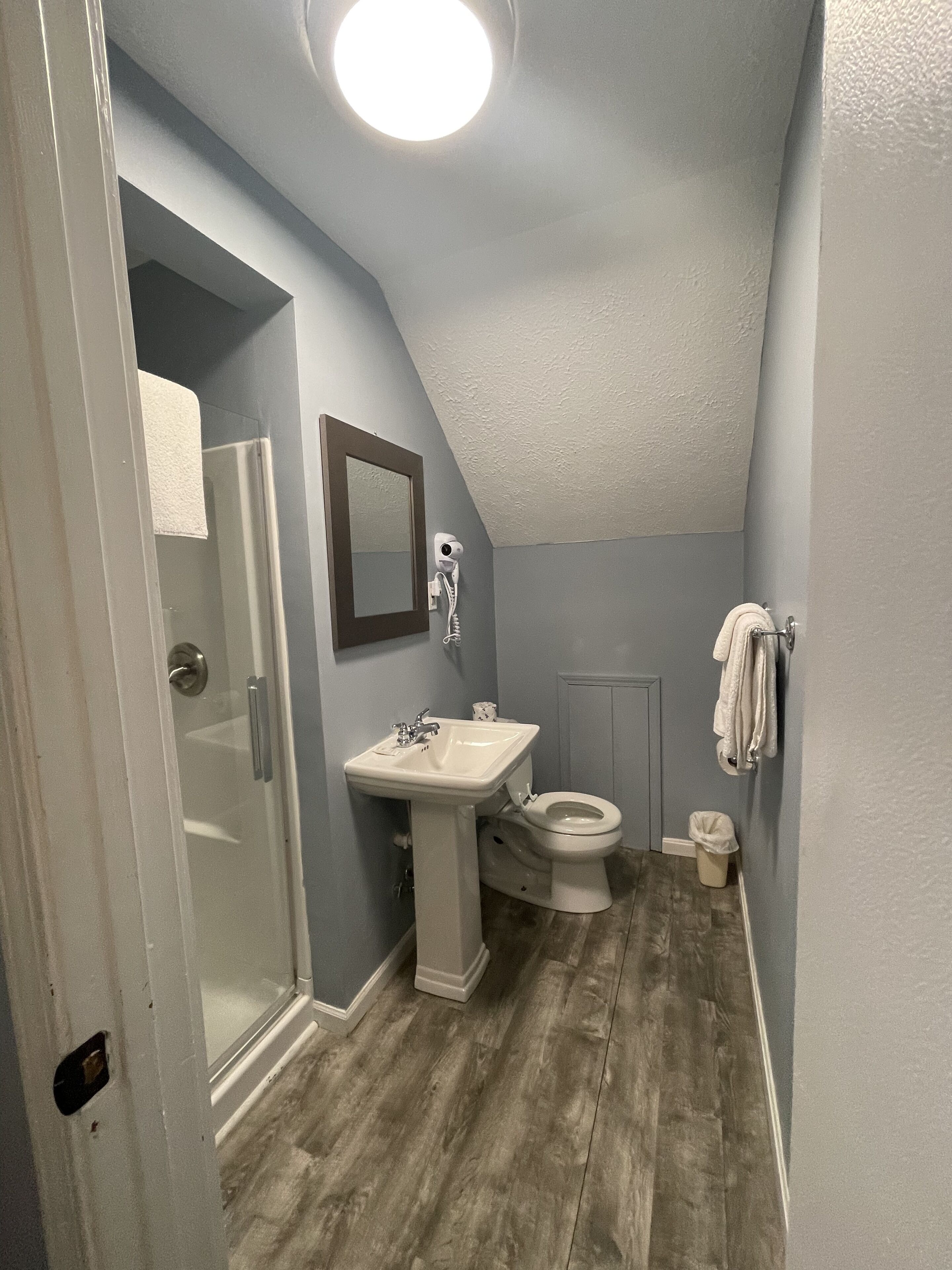 Een badkamer met een douche, wastafel, toilet en een spiegel.
