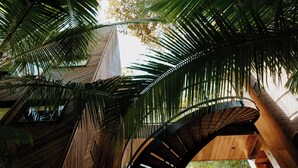 A modern building with a curved wooden staircase and large windows. - Palmar Beach Lodge (Bastimentos)