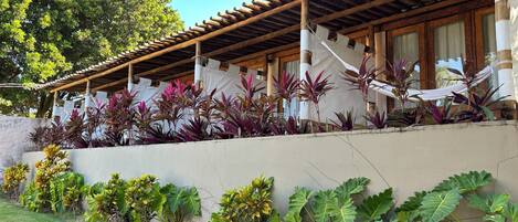 A building with a wooden pergola, large windows, and a variety of plants including large green leaves and purple foliage.