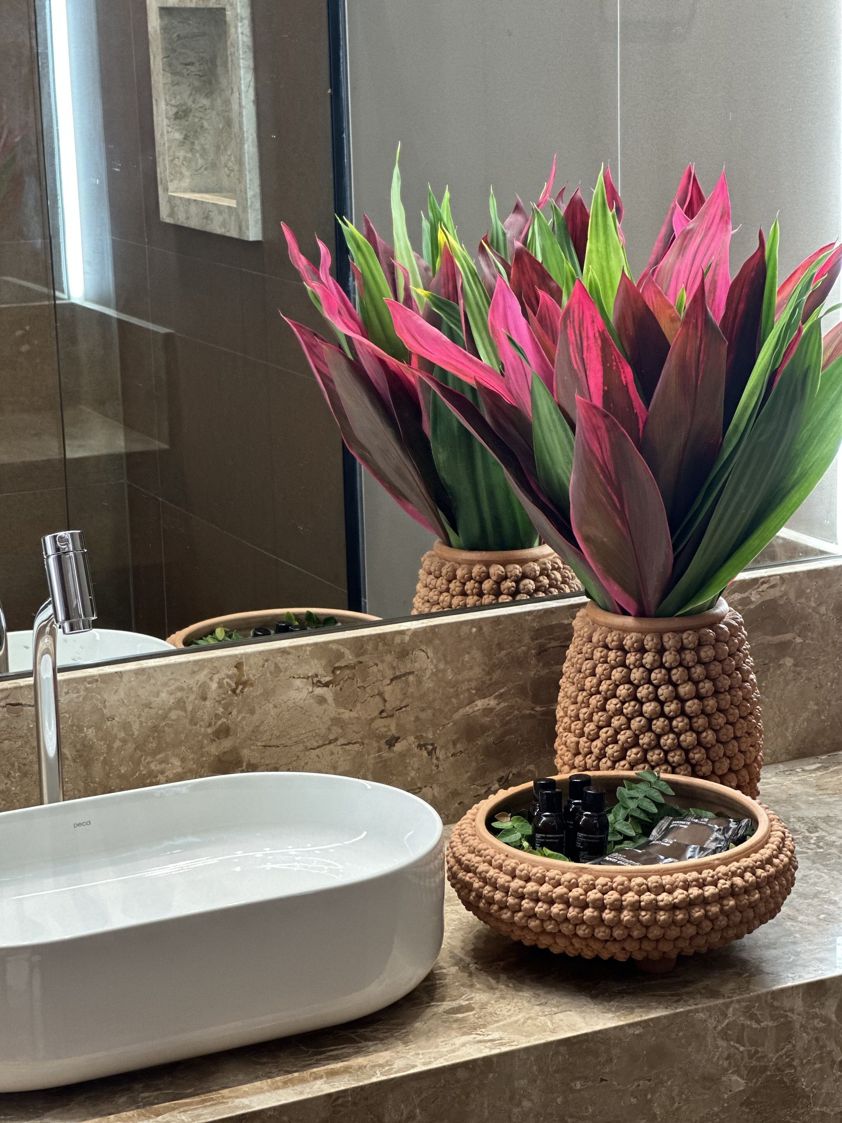 Een badkamer met een wit wastafelmeubel, een spiegel en twee decoratieve potplanten met groene en roze bladeren.
