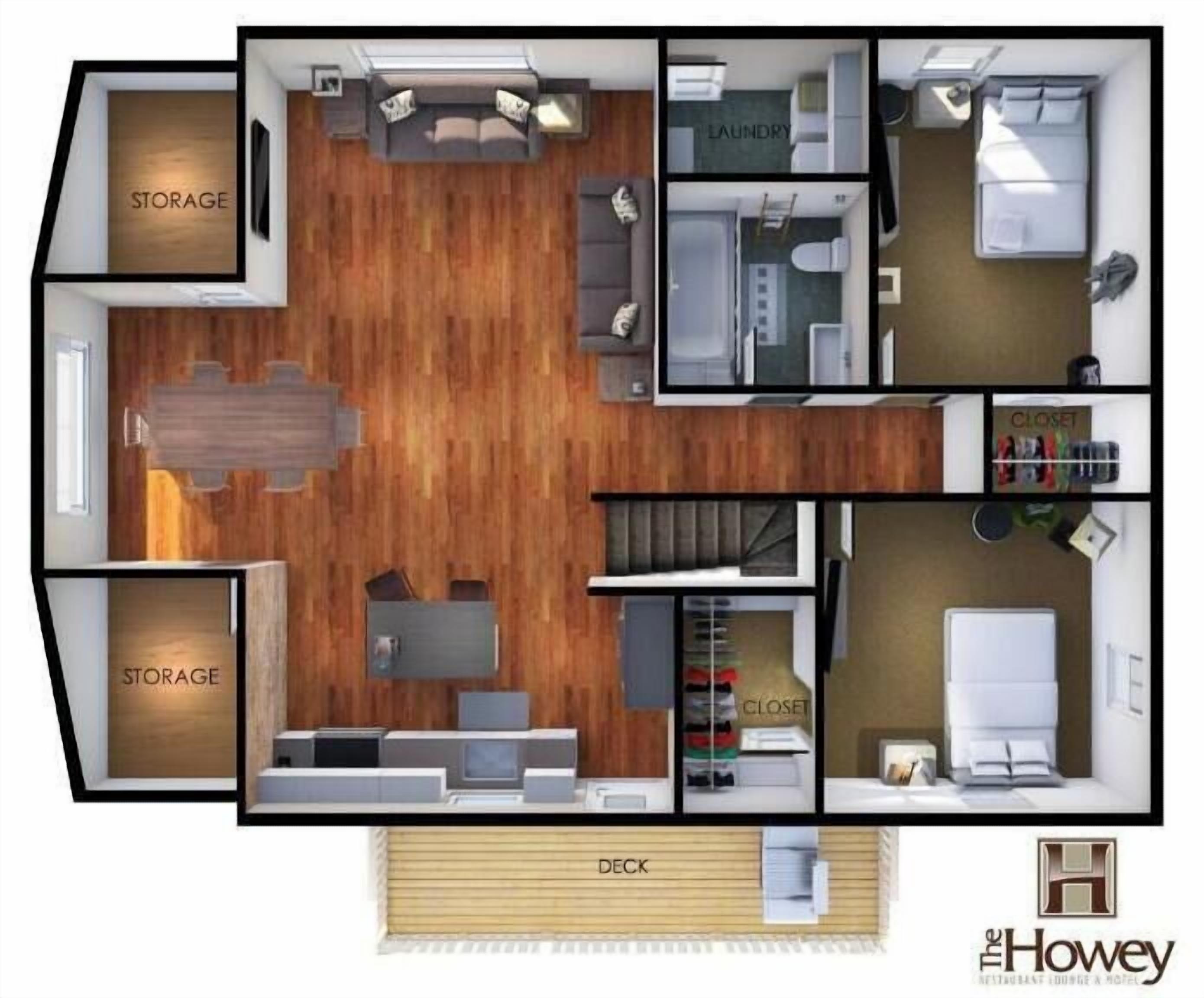 Plano de planta de un hotel con habitaciones identificadas, que incluyen espacios de almacenamiento, lavandería, armario y terrazas.