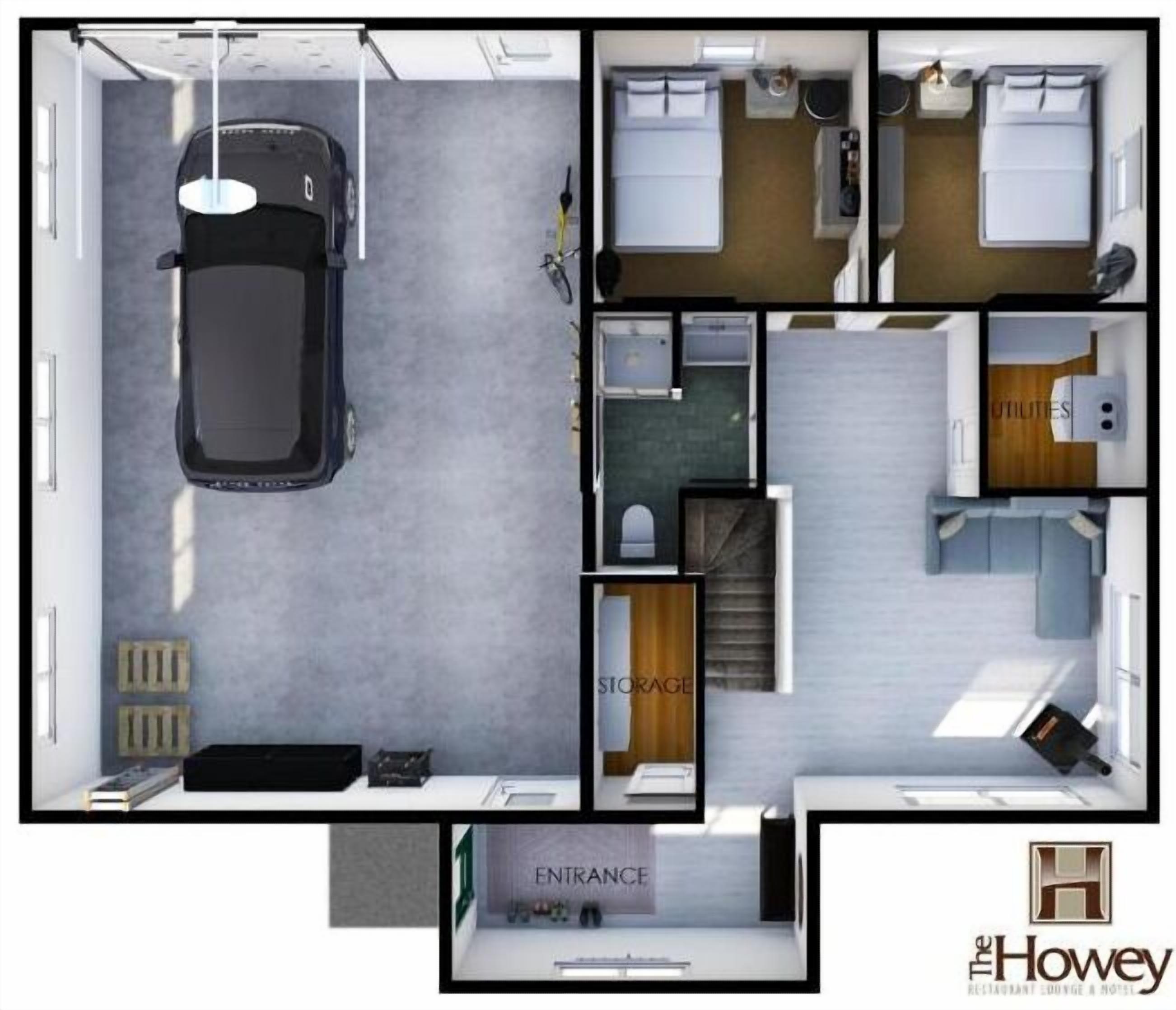 Distribución de un hotel que incluye aparcamiento, kitchenette, baño, sala de estar y comedor.