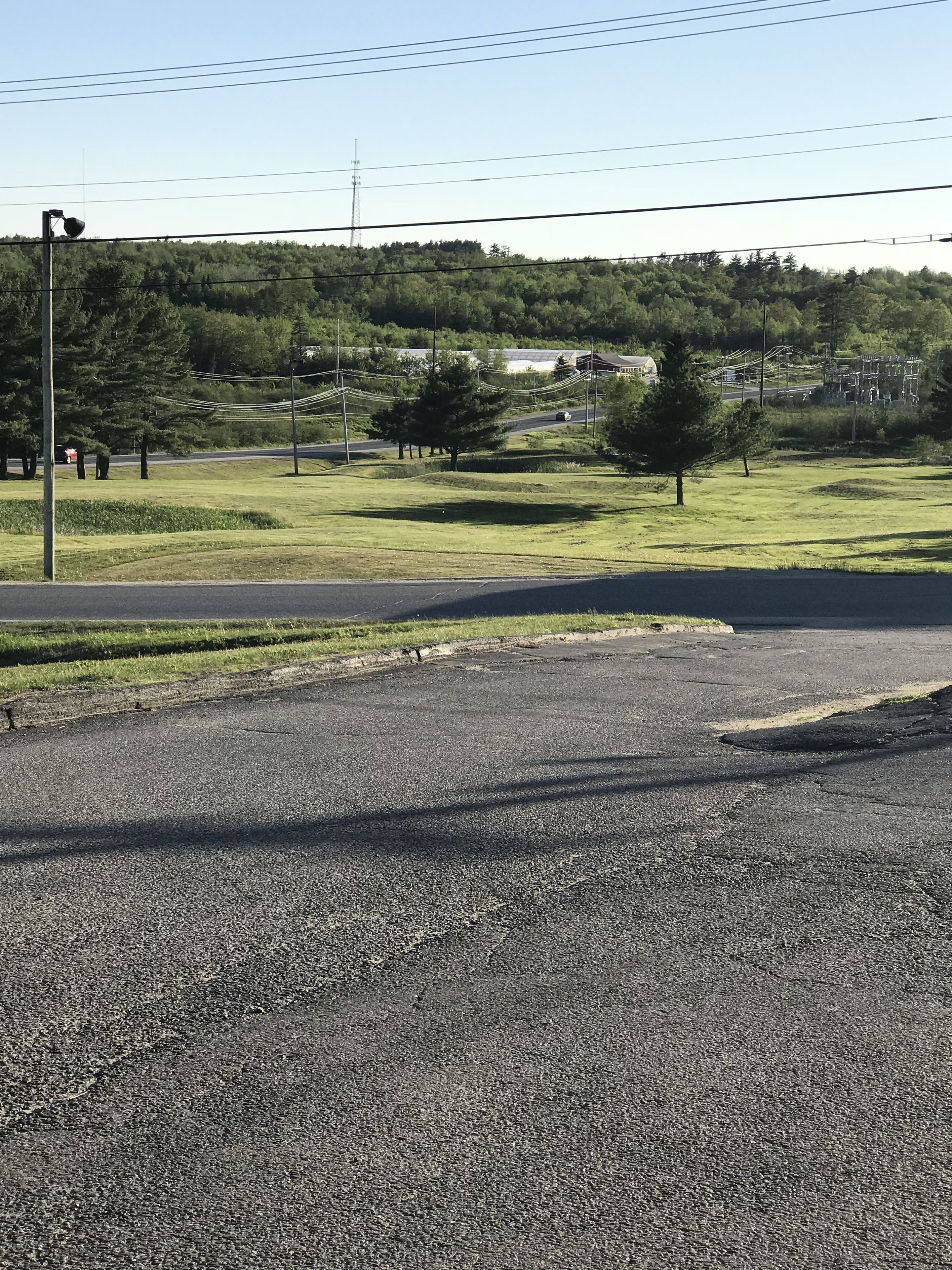 A parking lot with a paved surface, surrounded by grass and trees.