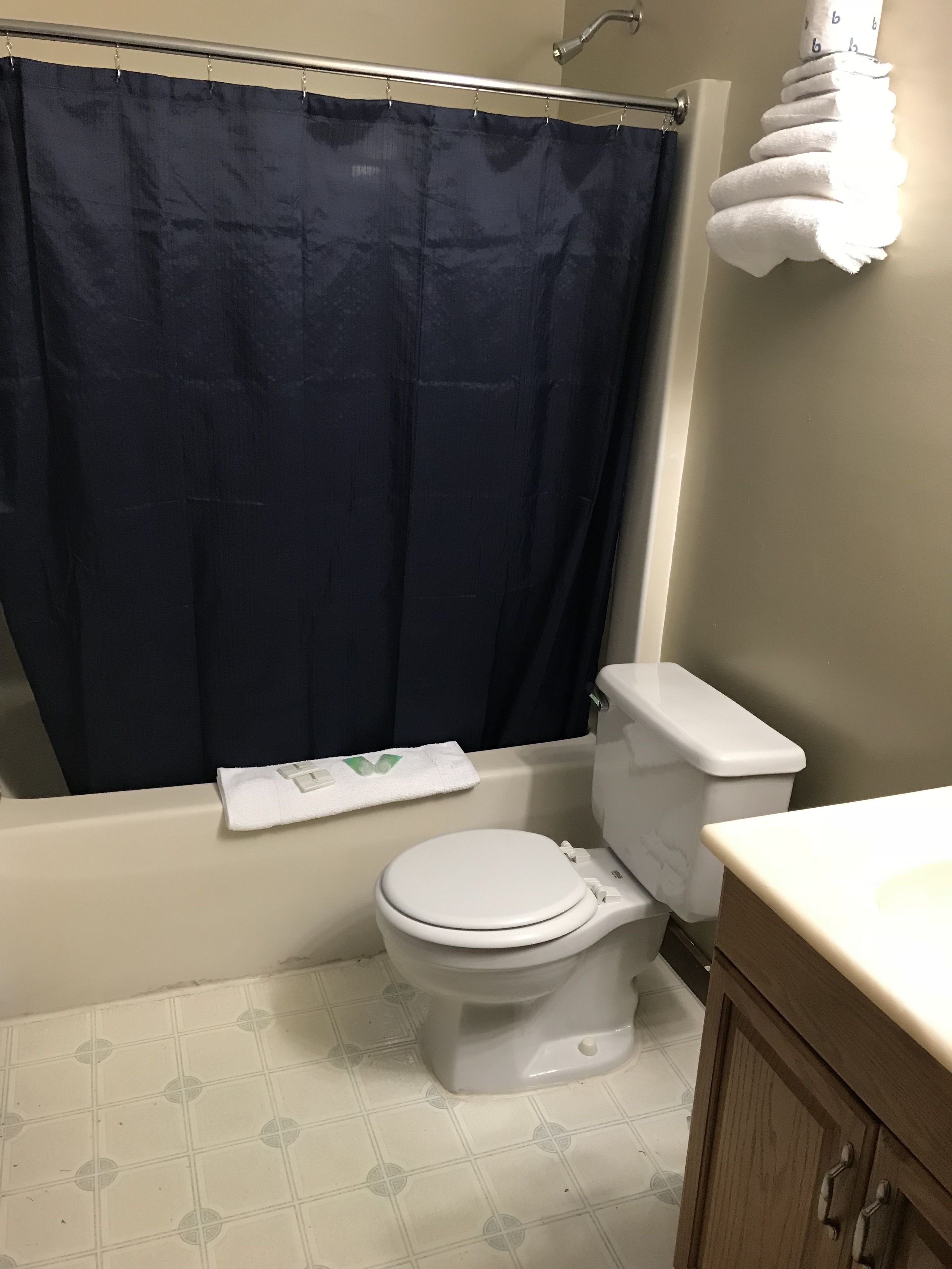 A bathroom with a white toilet, a dark blue shower curtain, and a white towel hanging on the wall.