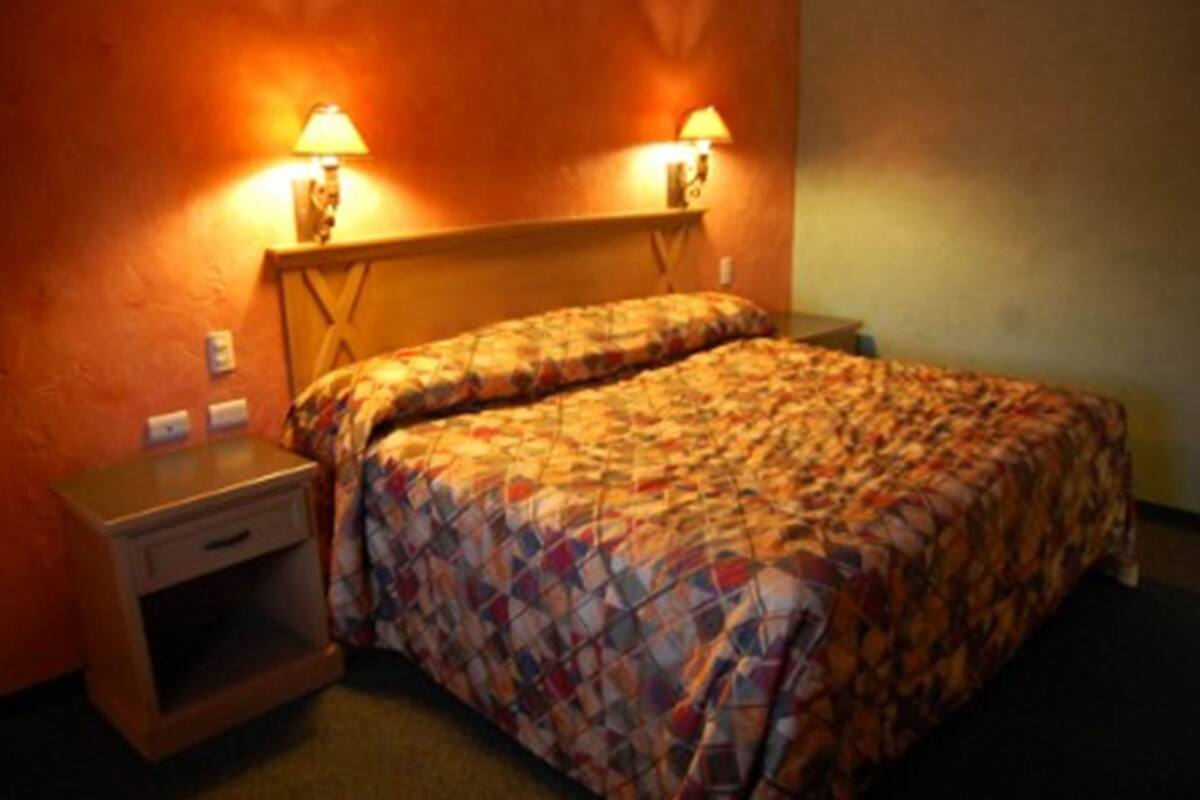Una cama con una colcha estampada, dos lámparas de noche y una mesita de noche con un cajón.