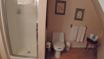 Un baño con mampara de vidrio, un inodoro y dos cuadros en la pared.