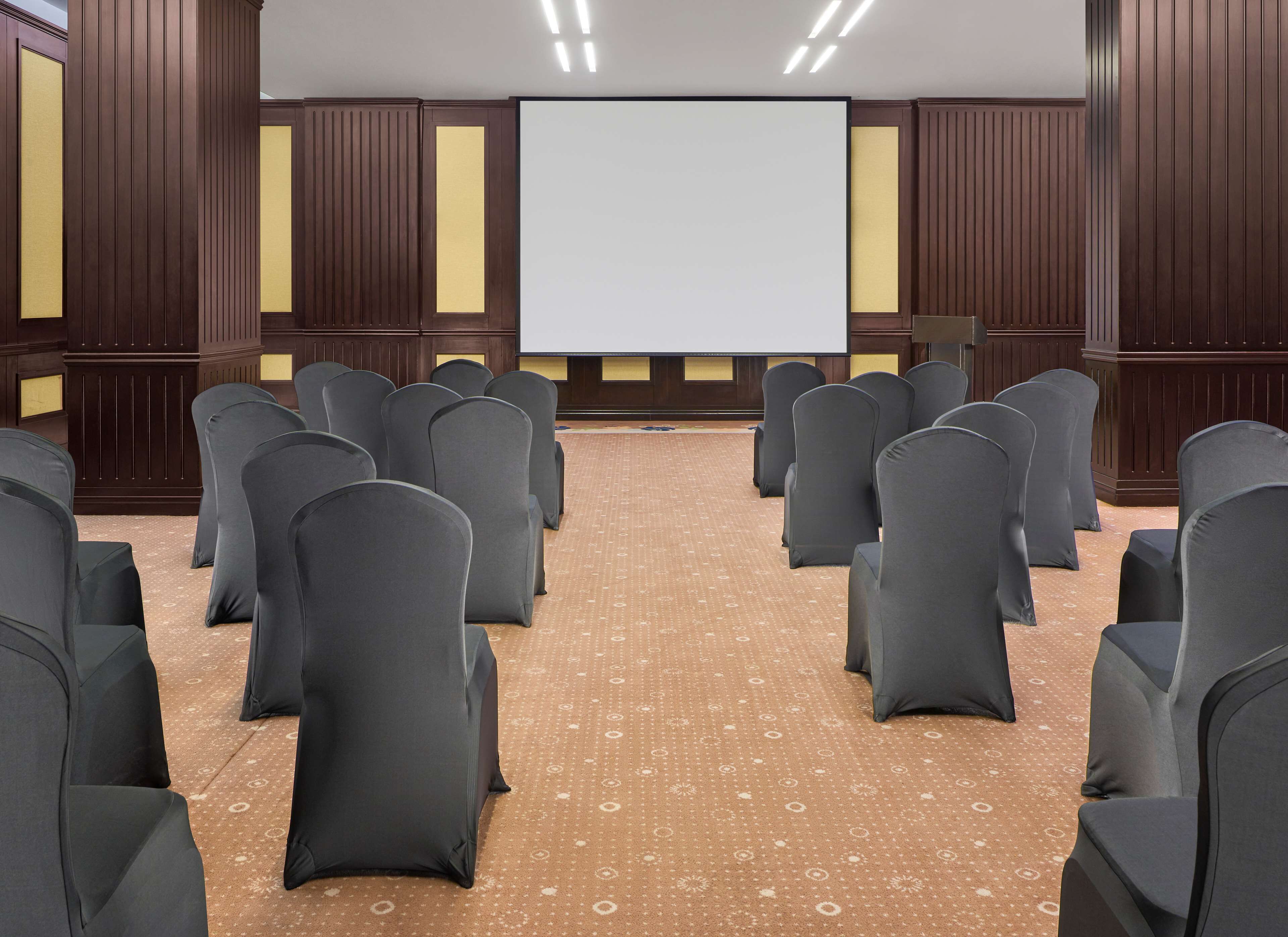 Un salón de conferencias con filas de sillas orientadas hacia una pantalla de proyección, paneles de madera y suelo alfombrado.