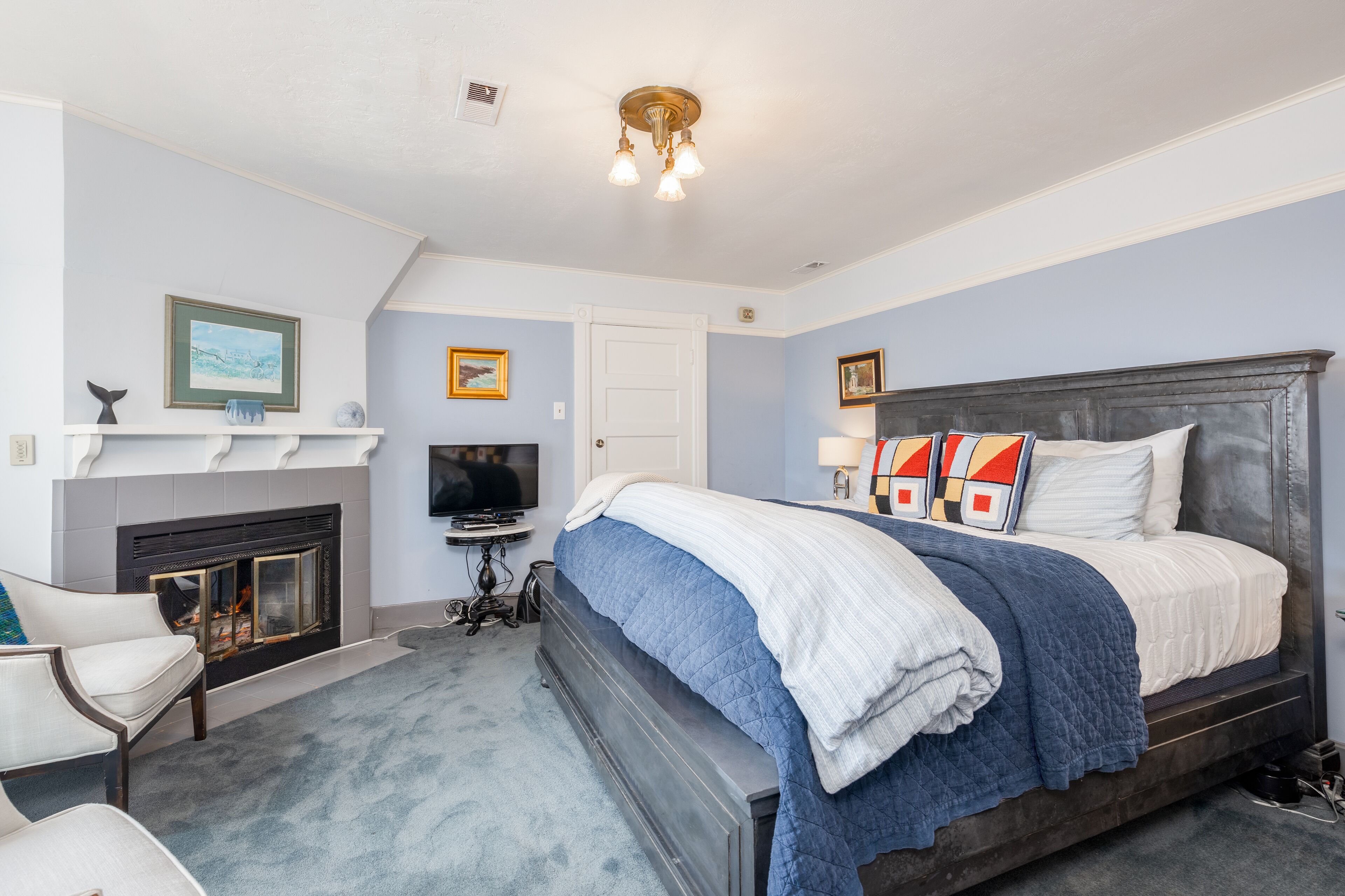 A bedroom with a bed, a fireplace, a television, and a bookshelf.