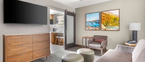 58-inch flat-screen TV with cable channels, TV, fireplace