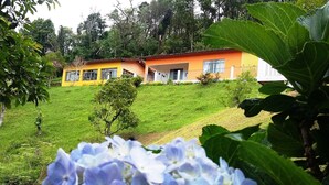 A yellow building with a flat roof, surrounded by green grass and trees. - Chácara do Alemão - Recanto Jd.Silvestre (Vargem)