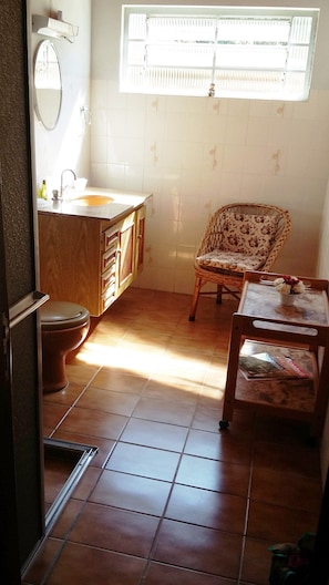 A bathroom with a toilet, sink, and mirror. There is a window with blinds, a chair, and a small table with a vase. - Chácara do Alemão - Recanto Jd.Silvestre (Vargem)