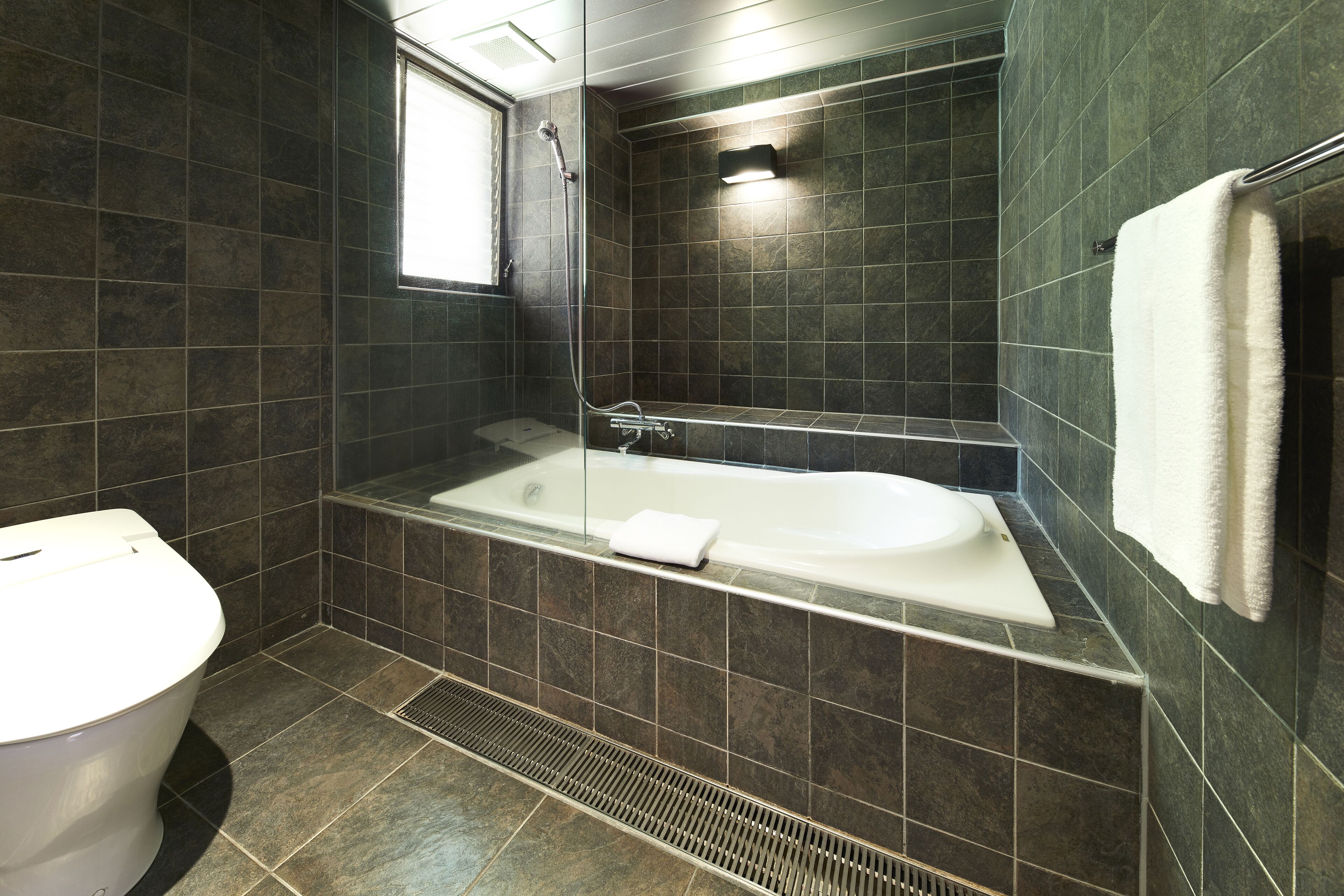 A modern bathroom with a bathtub, toilet, and shower.