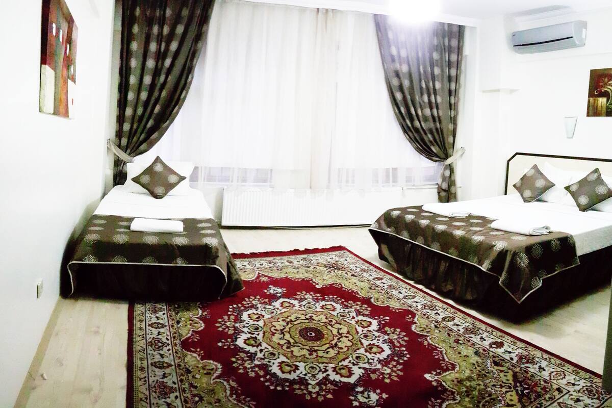 A room with two beds, a large red patterned rug, and curtains.