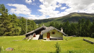 A traditional chalet with a wooden staircase leading to the entrance, surrounded by lush greenery and mountains in the background.