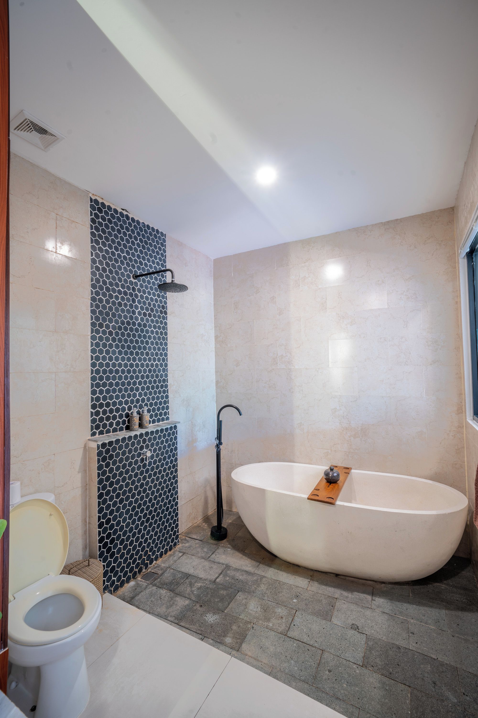 A modern bathroom with a freestanding bathtub, a shower, and a toilet.