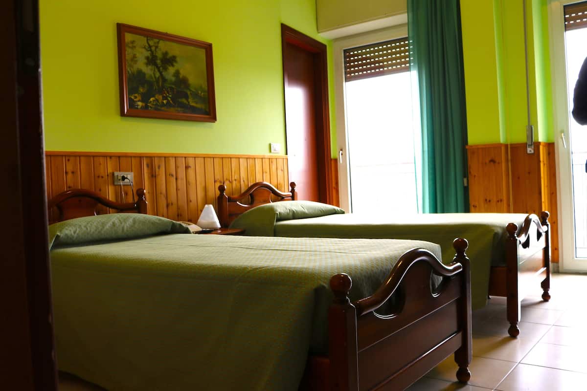 A room with two wooden beds, a green wall, a wooden door, and a window with curtains.
