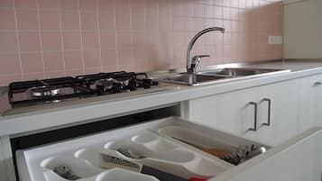 Full-size fridge, oven, stovetop, dishwasher