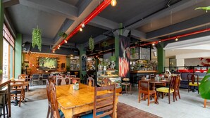 A restaurant interior with wooden tables and chairs, hanging plants, and a brick wall with a mural. - 91 Loop - Hostel (Cape Town)