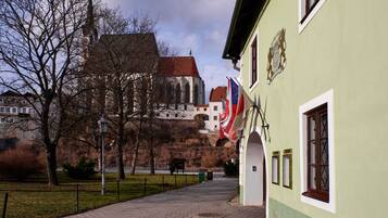 Ein gepflasterter Weg führt zu einem Gebäude mit grüner Fassade und einem Fenster mit Holzrahmen.