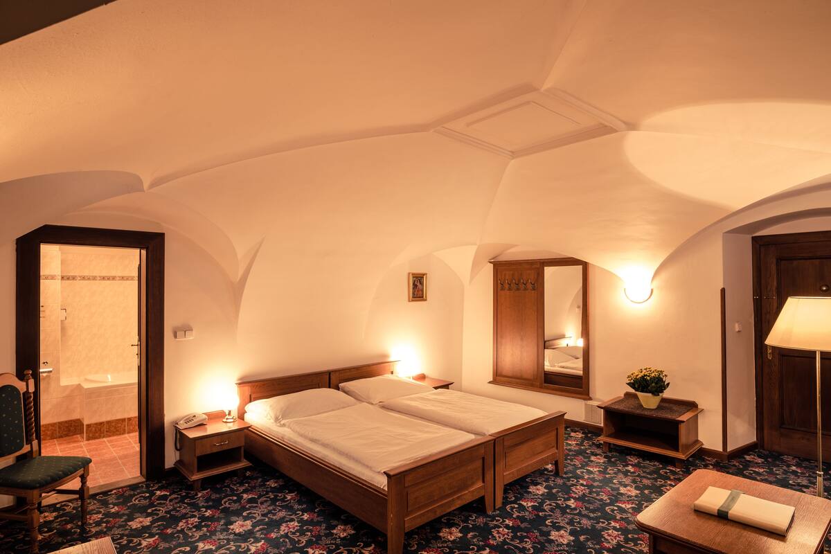 Habitación de hotel con cama doble, mesita de noche, una silla, pequeña mesa con lámpara, espejo y zona de ducha.