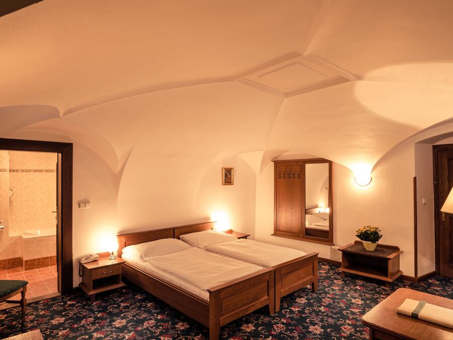 Habitación de hotel con cama doble, mesita de noche, una silla, pequeña mesa con lámpara, espejo y zona de ducha.
