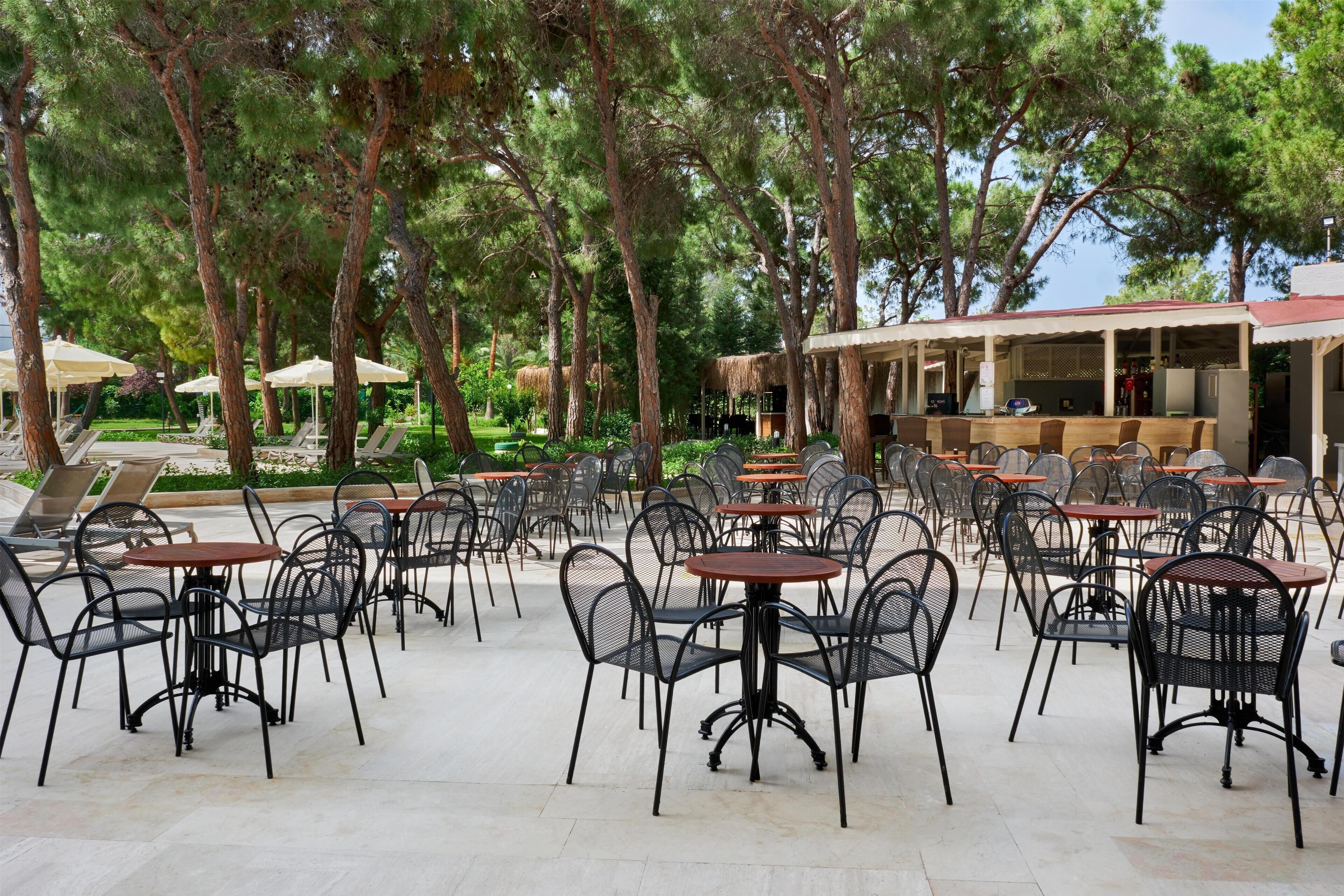 An outdoor cafe area with multiple tables and chairs, surrounded by trees.
