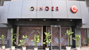 Welcome to Ginger, where a geometric pattern adorns the entrance, surrounded by lush greenery.