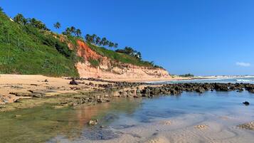 A beach with clear water, rocky shore, and a cliff with vegetation.