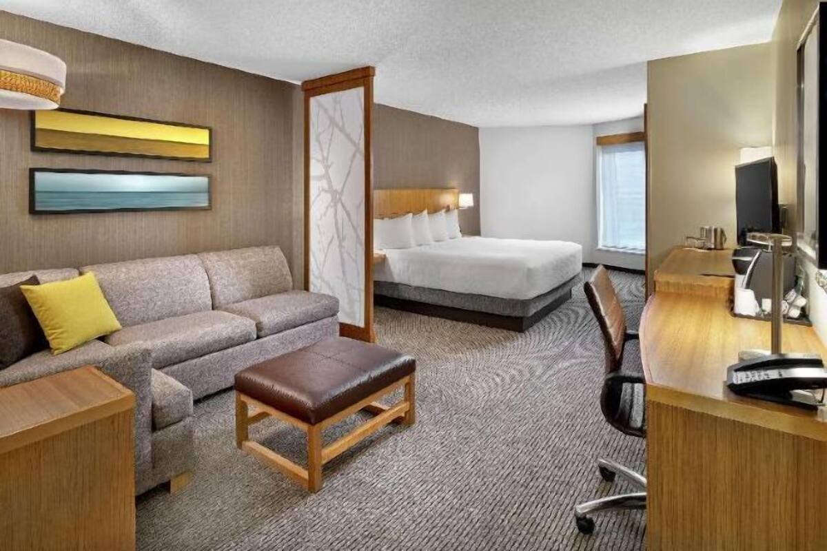 A hotel room with a bed, a sofa, a desk, and a chair.