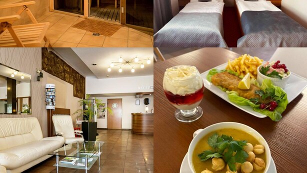 A hotel with a sauna, a dining area with food, and a reception area. - Hotel Solny (Wieliczka)