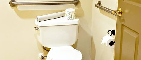 Un baño pequeño con inodoro, barandilla y puerta.