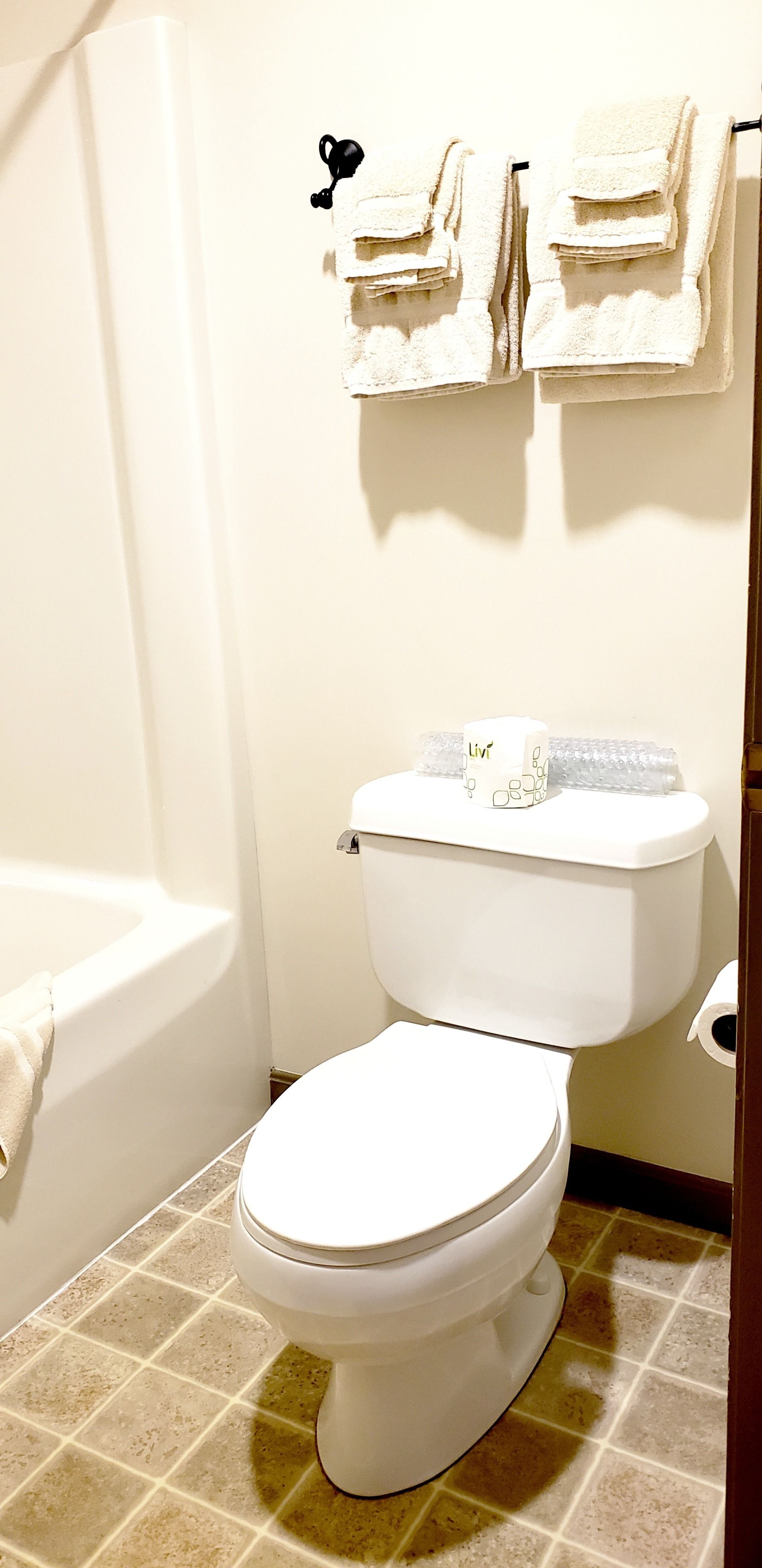 Un bagno con il water, una vasca e due asciugamani su un portascopevoli.