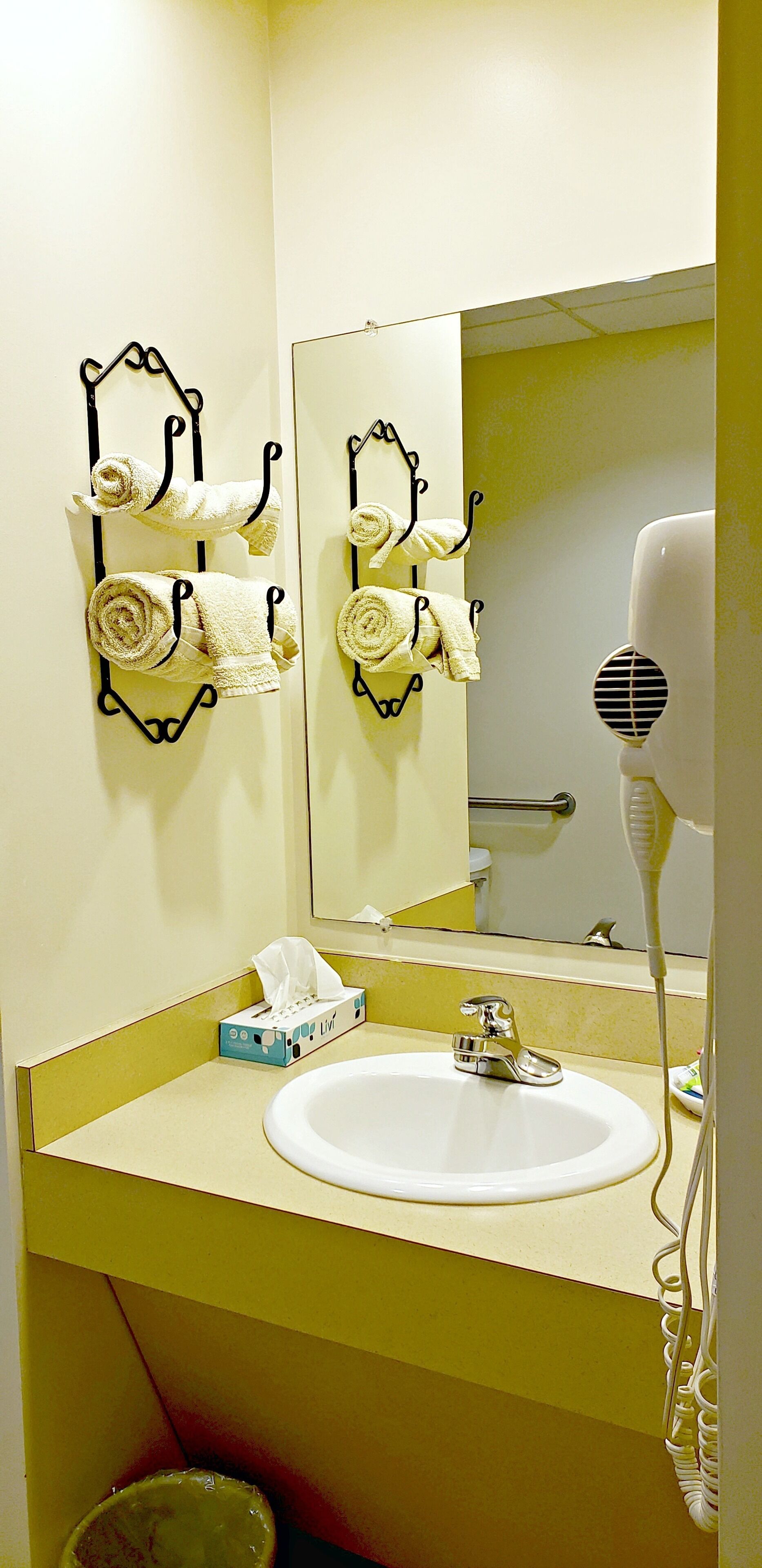 Un baño con lavamanos, espejo, toallero y secador de pelo.