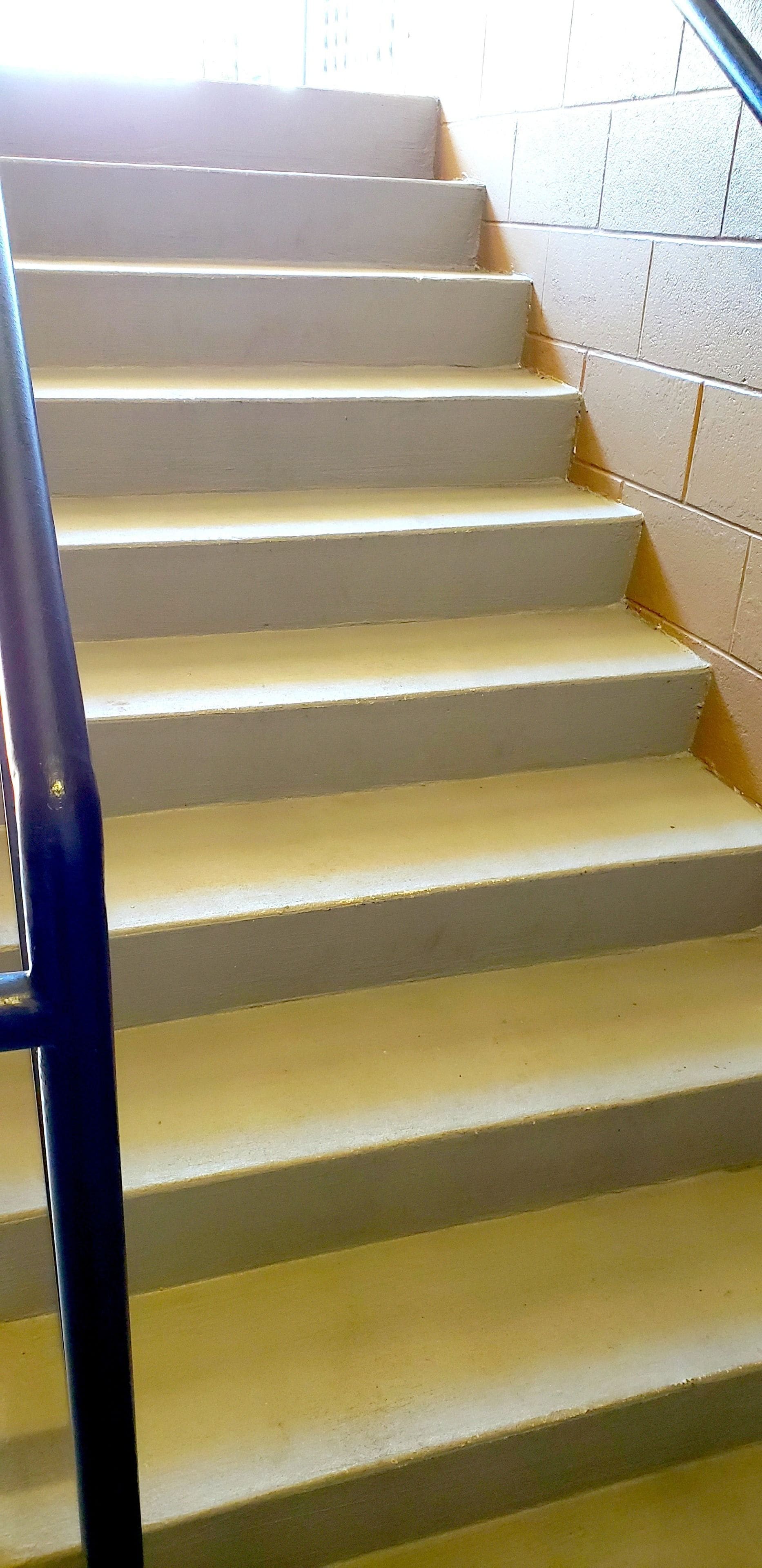 Un conjunto de escalones blancos con barandilla azul, que conducen a un piso superior.