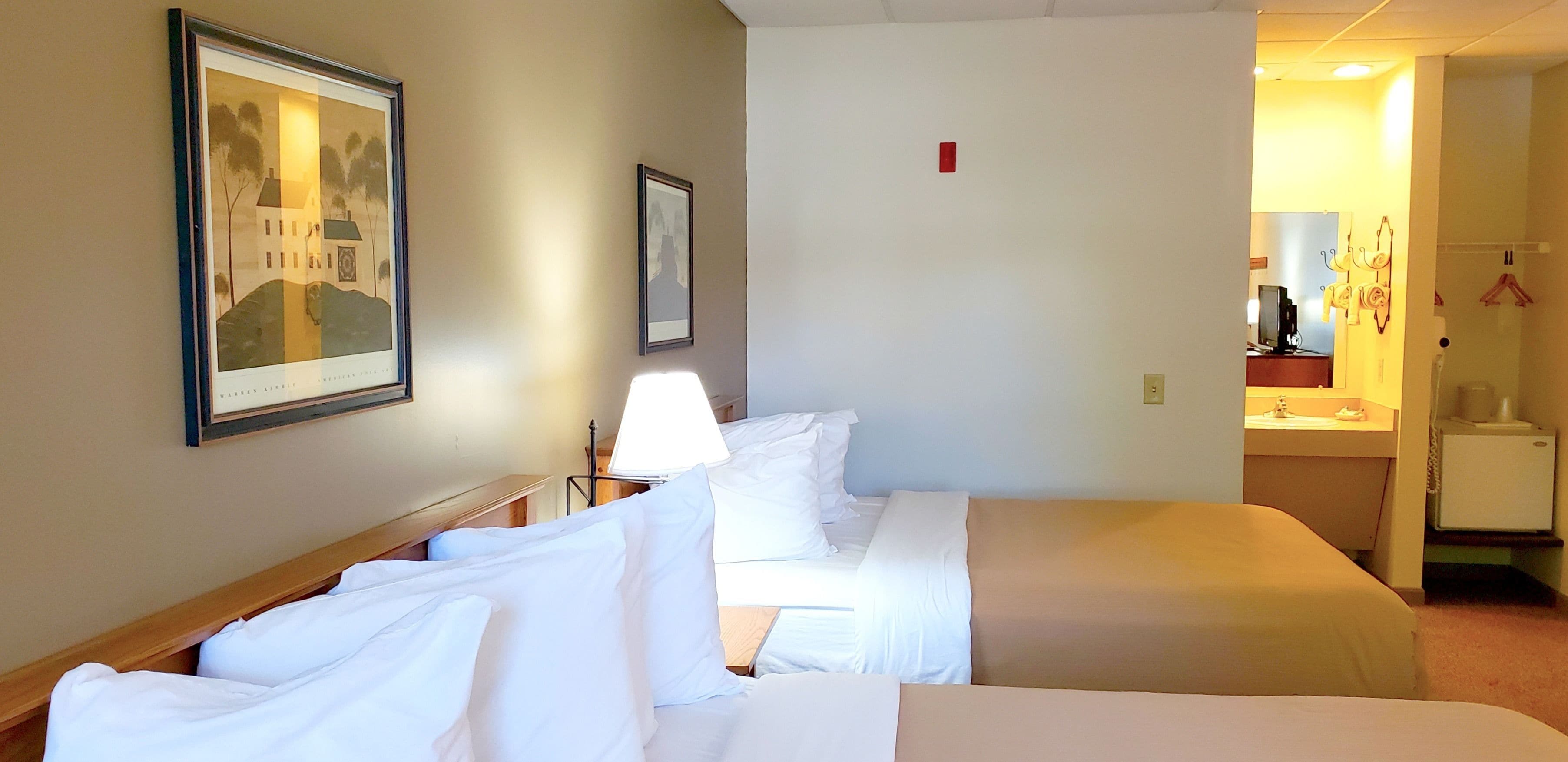 Ein Hotelzimmer mit zwei Betten, einem Nachttisch, einer Lampe, einem gerahmten Bild und einer kleinen Küchenzeile.