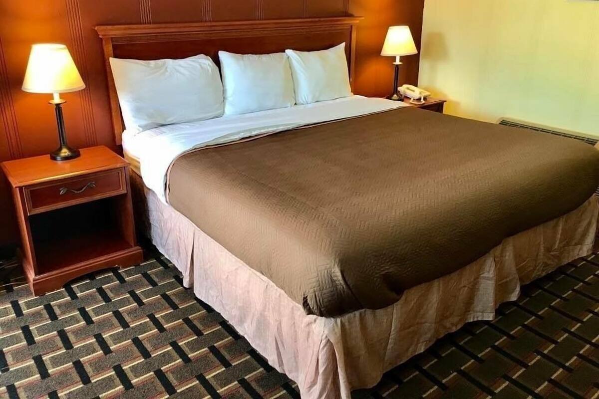 A neatly made bed with a brown bedspread, two bedside tables with lamps, and a patterned carpet.