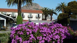 Un edificio con balcones, una montaña al fondo y flores moradas en primer plano.